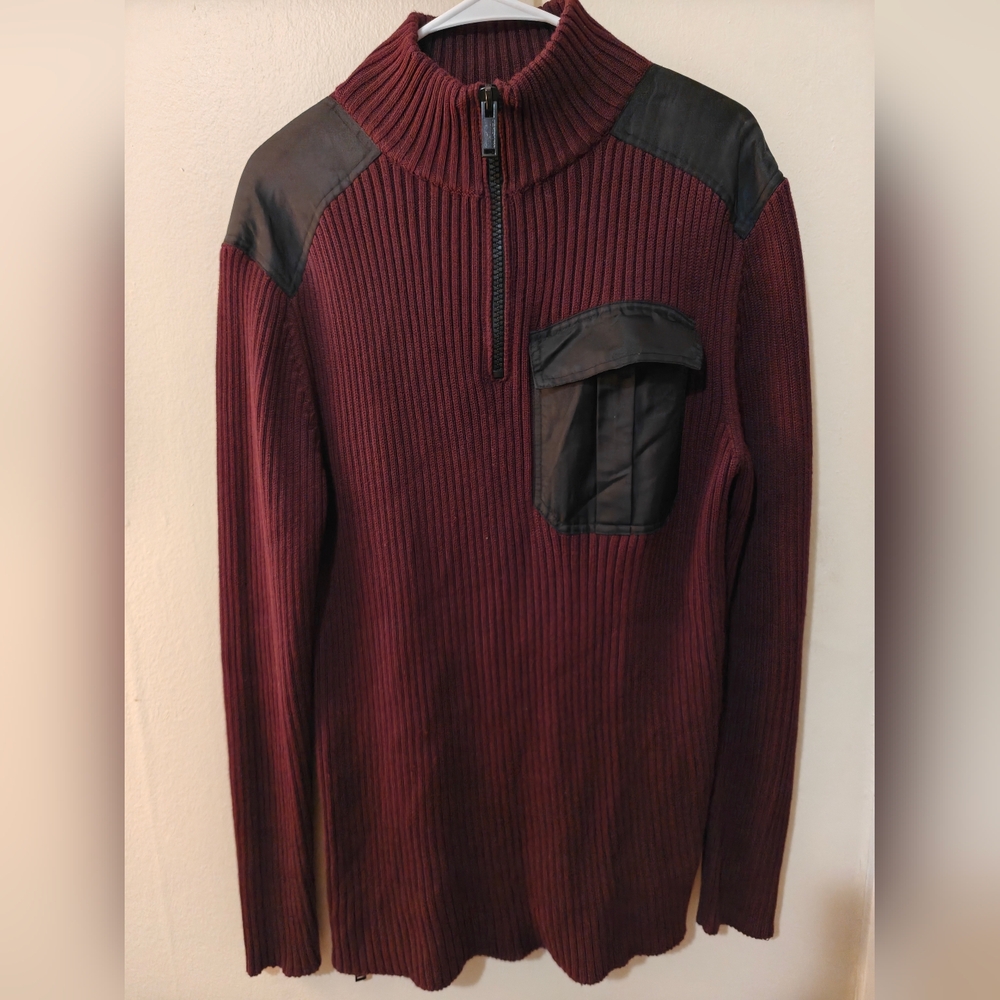 Karl Lagerfeld Paris Men's Medium Burgundy Ribbed Quarter Zip Sweater